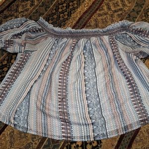 Off Shoulder Blouse Blue Red White Elastic Neck Lined Top Cato Size 22/24